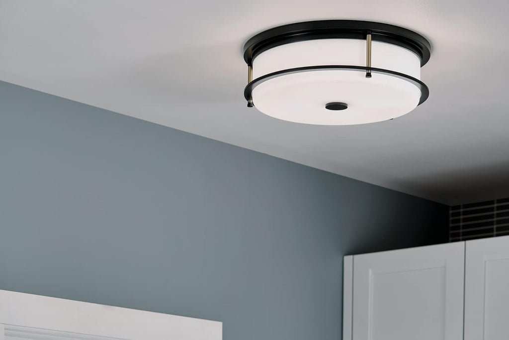 Kichler Brit 52597BKCPZ Flush Mount 4-Light 18˝ with Satin Etched Cased Opal Glass in Black and Champagne Bronze