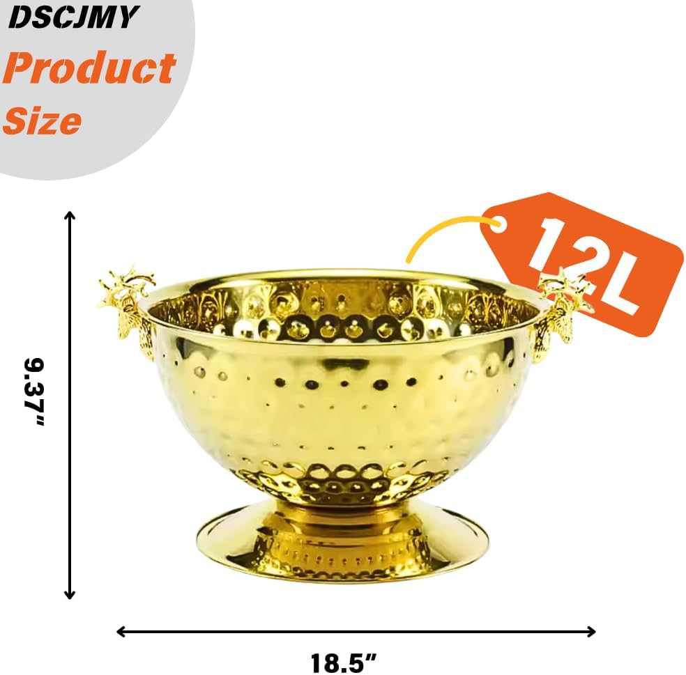 Luxurious Ice Bucket for Parties,Party Sized 12L Drink Cooler for Parties,Gold Stainless Steel Ultimate Champagne Bucket with Antler-Shaped Handle,Large Ice Bucket for Events