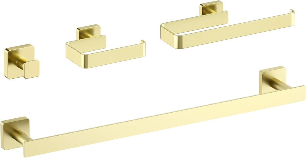 KIBI Blaze Bathroom Hardware Set 4 Piece Bathroom Accessories Set | Towel Bar (19'), Towel Holder, Toilet Paper Holders, Robe Hook (Brushed Gold) (KBA16-4-2)