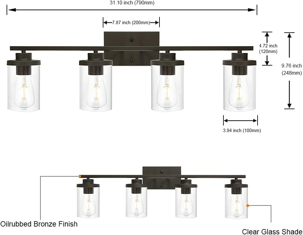 Bathroom Vanity Light Fixtures Oil Rubbed Bronze Finished 4-Light with Clear Glass Shade Contemporary Wall Sconces Bathroom Lighting Wall Mount Lamp for Kitchen Entryway Living Room Hallway