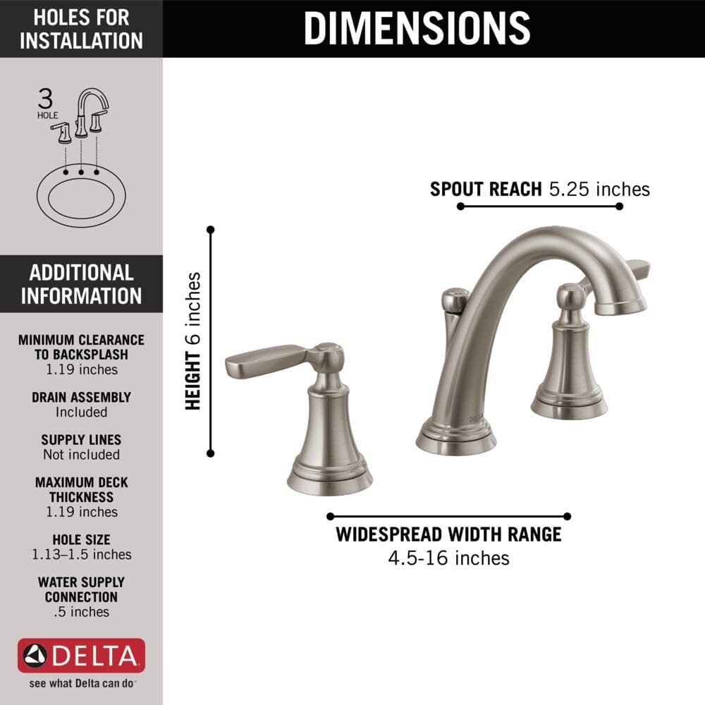 Delta Woodhurst Brushed Nickel Bathroom Faucet 3 Hole, 8 Inch Widespread Bathroom Sink Faucet for Vanity, Metal Push-Pop Drain Assembly, Stainless 3532LF-SS