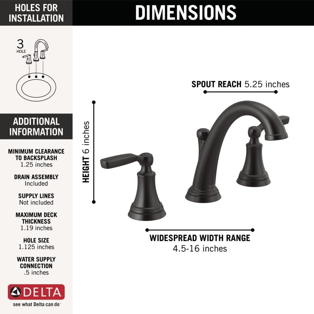 Delta Woodhurst Matte Black Bathroom Faucet 3 Hole, 8 Inch Widespread Bathroom Sink Faucet for Vanity, Metal Push-Pop Drain Assembly, Matte Black 3532LF-BLMPU