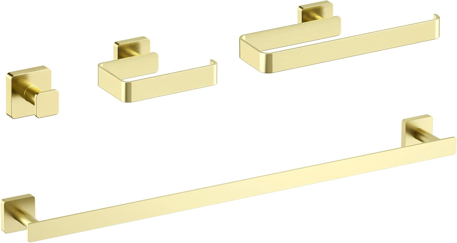 KIBI Blaze Bathroom Hardware Set 4 Piece Bathroom Accessories Set | Towel Bar (25'), Towel Holder, Toilet Paper Holders, Robe Hook (Brushed Gold) (KBA16-4)