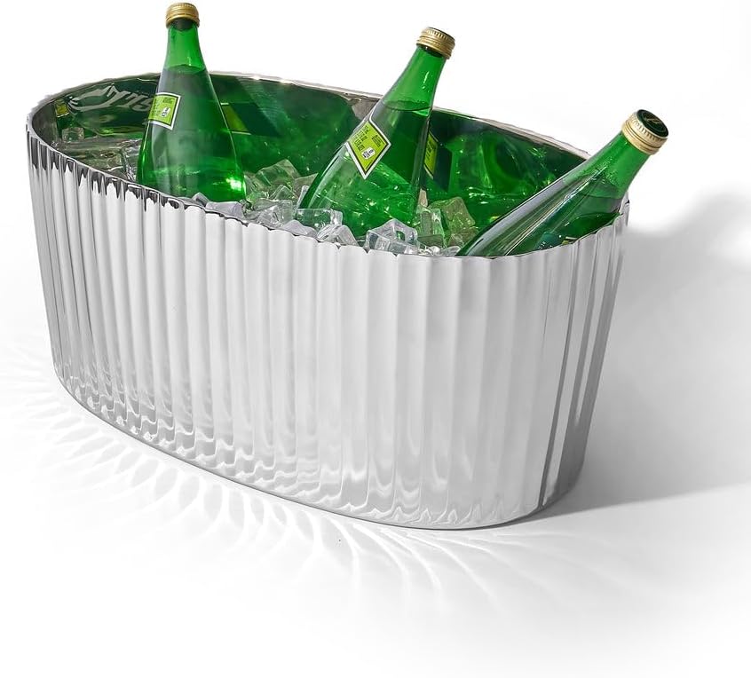 Godinger Wave Party Tub – Stainless Steel Wave‑Textured Beverage Tub/Ice Bucket for 8 Bottles or 24 Cans, Double‑Wall Insulated Serveware for Home Bar, Outdoor Entertaining & Events