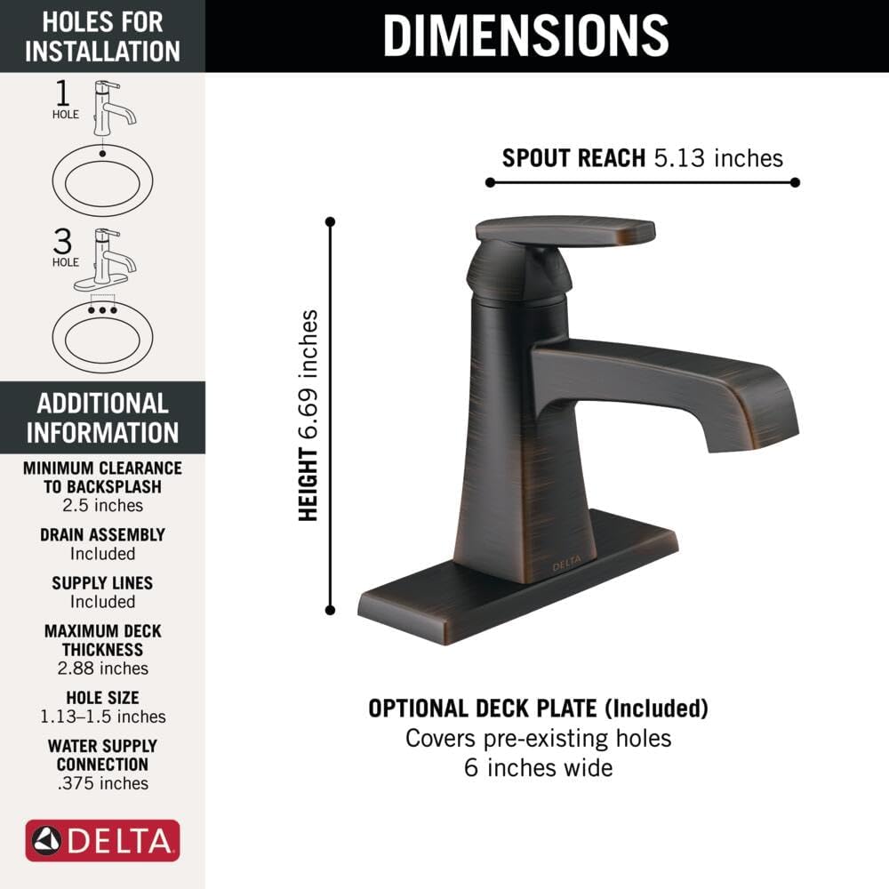 Delta Ashlyn Oil Rubbed Bronze Bathroom Faucet 1 Hole, Single Hole Bathroom Sink Faucet for Vanity, Metal Push-Pop Drain Assembly, Venetian Bronze 564-RBMPU-DST