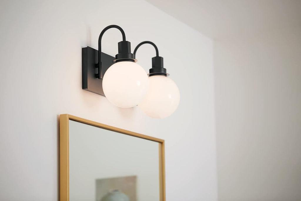 Kichler Hex 2-Light Bathroom Vanity Light Fixture, Modern Wall Mount Vanity Lighting with Opal Glass in Black, Damp Rated for Mirror Lighting Over Vanity (14.25' x 10.25'), 55150BK