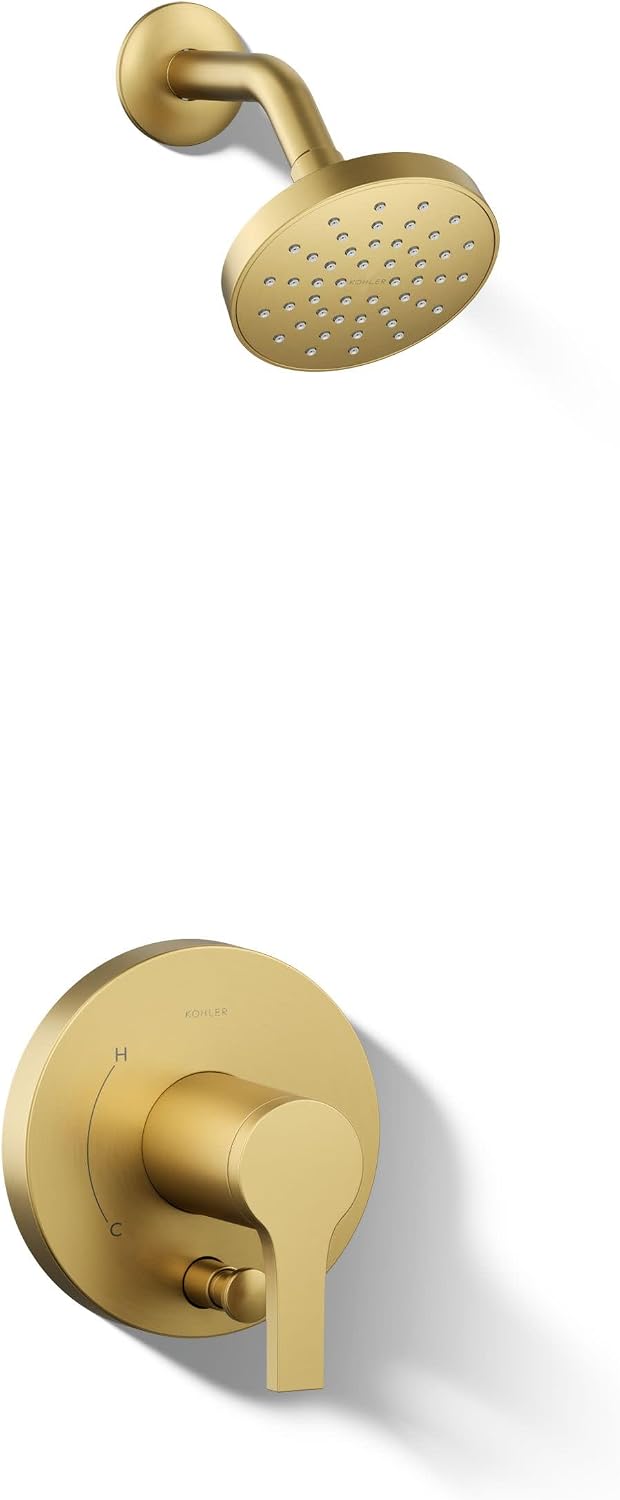 KOHLER T35326-4G-2MB, Elate Rite-Temp Shower Trim Kit with Push-Button Diverter, 1.75 GPM Showerhead, Vibrant Brushed Moderne Brass, Efficient Water Flow, Luxurious Shower Experience