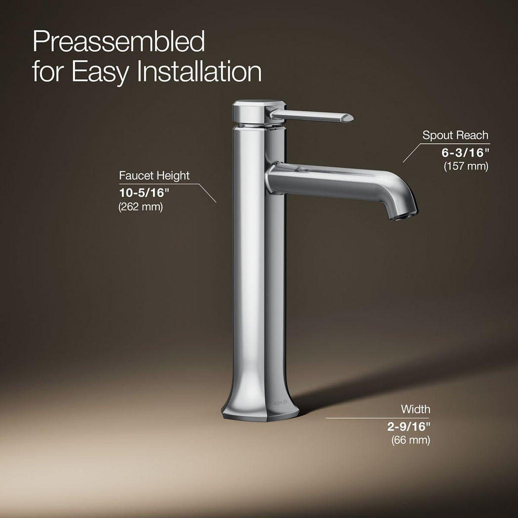 KOHLER 27003-4N-CP Occasion Tall Single-Handle Bathroom Faucet with Pop-Up Drain Assembly, One Hole Bathroom Sink Faucet, 0.5 gpm, Polished Chrome