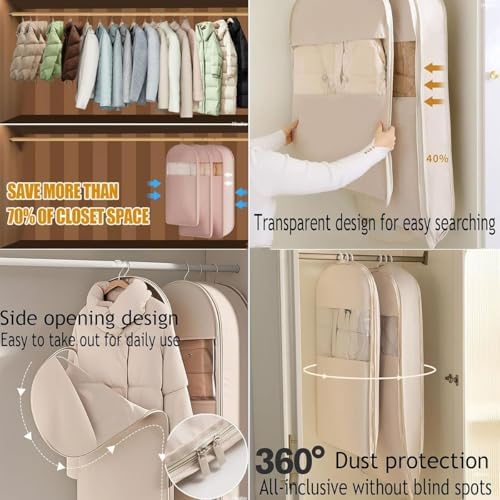 Self-Compression Zipper Hanging Garment Bag Set of 3 - Space Saver Dust Cover Clothes Bags for Down Coats, Travel & Closet Organizers, Durable & Lightweight