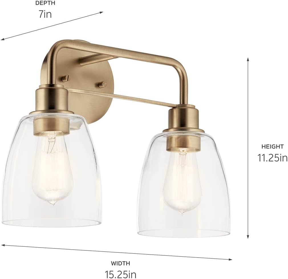 Kichler Meller 2-Light Bathroom Vanity Light Fixture with Clear Glass Shades, Industrial Wall Sconce in Champagne Bronze for Bathroom Mirror (11.25' x 5.5' x 7'), 55101CPZ