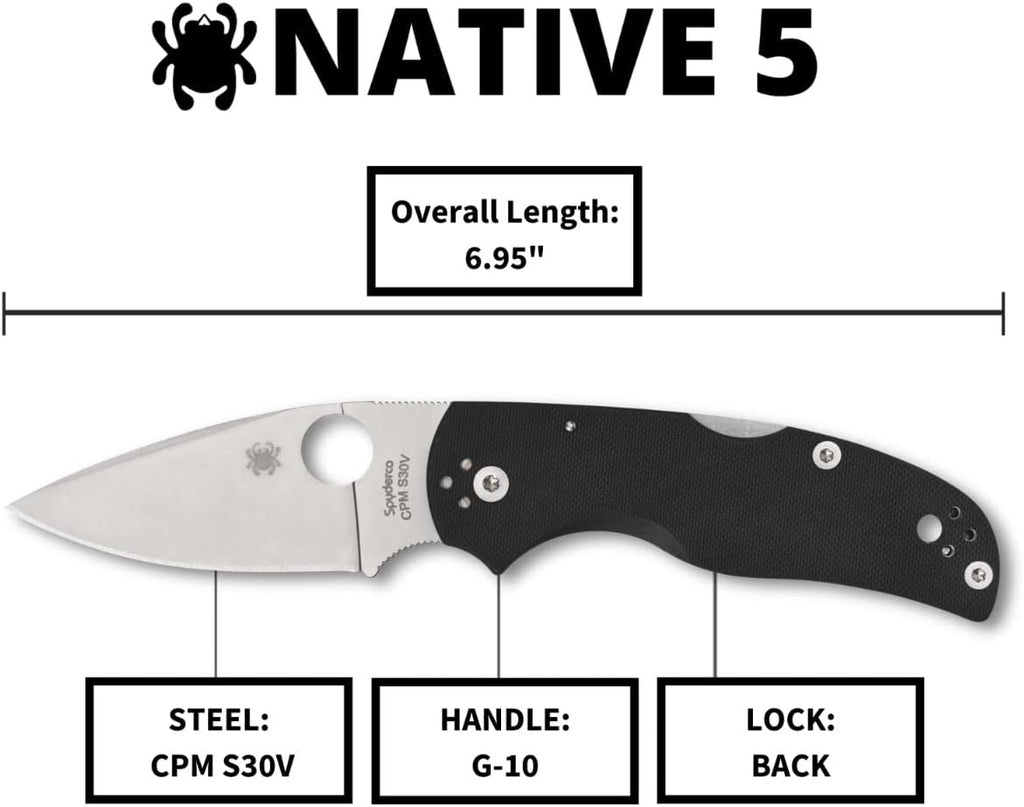 Spyderco Native 5 Signature Knife with 2.95' CPM S30V Steel Blade and Black G-10 Handle - PlainEdge - C41GP5