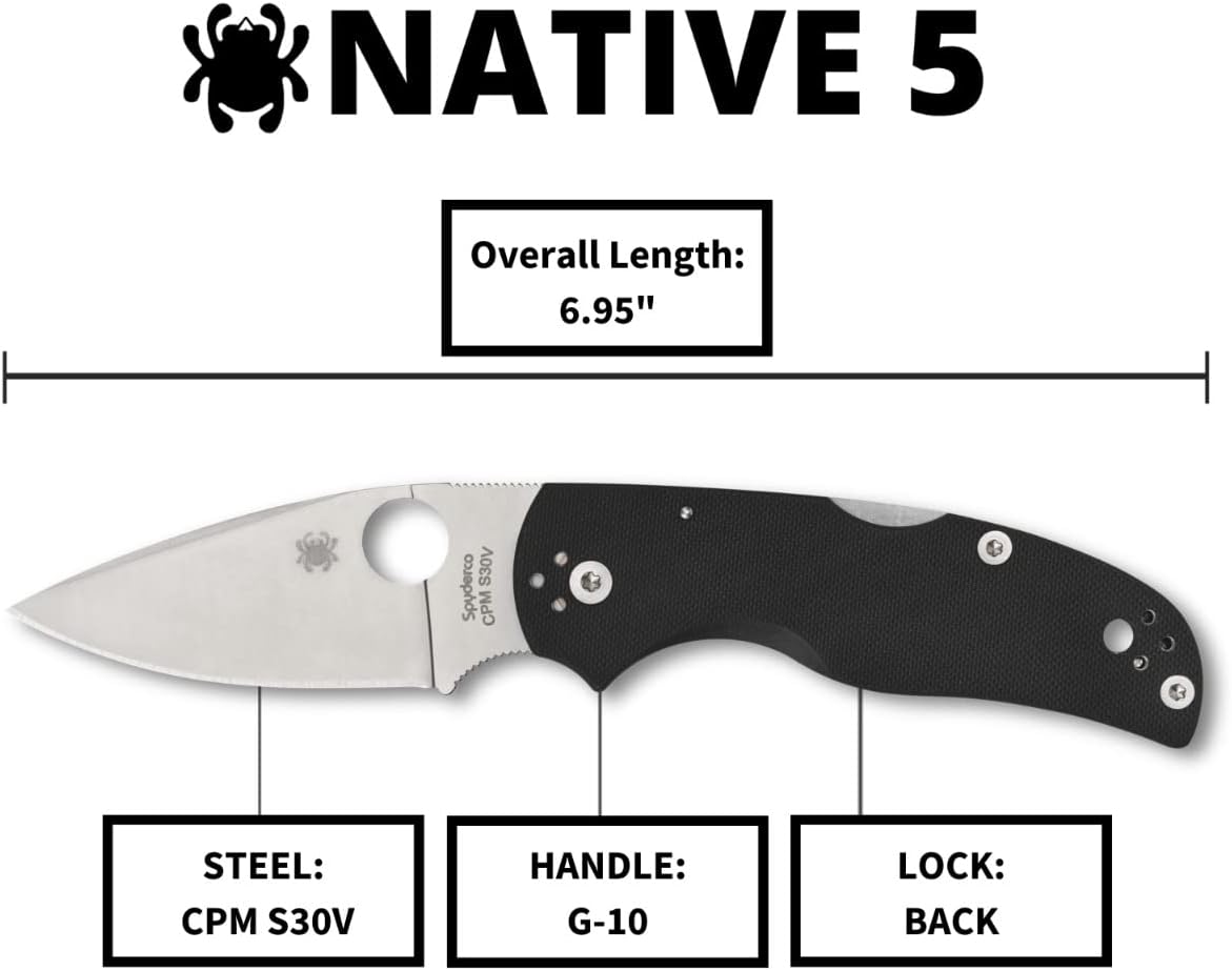 Spyderco Native 5 Signature Knife with 2.95' CPM S30V Steel Blade and Black G-10 Handle - PlainEdge - C41GP5