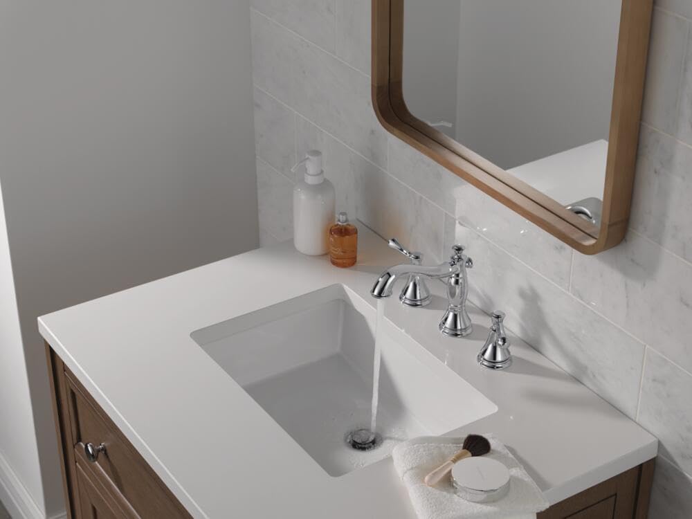 Delta Cassidy Chrome Bathroom Faucet 3 Hole, 8 Inch Widespread Bathroom Sink Faucet for Vanity, Metal Push-Pop Drain Assembly, Chrome 3597LF-MPU