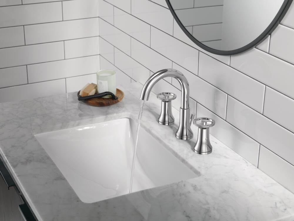 Delta Faucet Trinsic Widespread Bathroom Faucet Chrome, Bathroom Faucet 3 Hole, Diamond Seal Technology, Metal Drain Assembly, Chrome 3558-MPU-DST