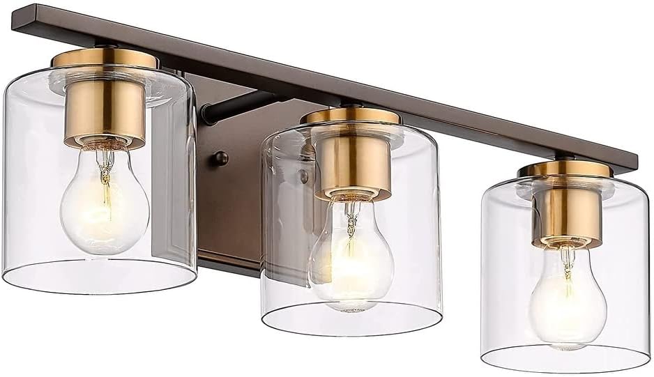 3-Light Bathroom Vanity Light Fixtures Farmhouse with Clear Glass Shade Oil Rubbed Bronze and Gold Finish Modern Contemporary Metal