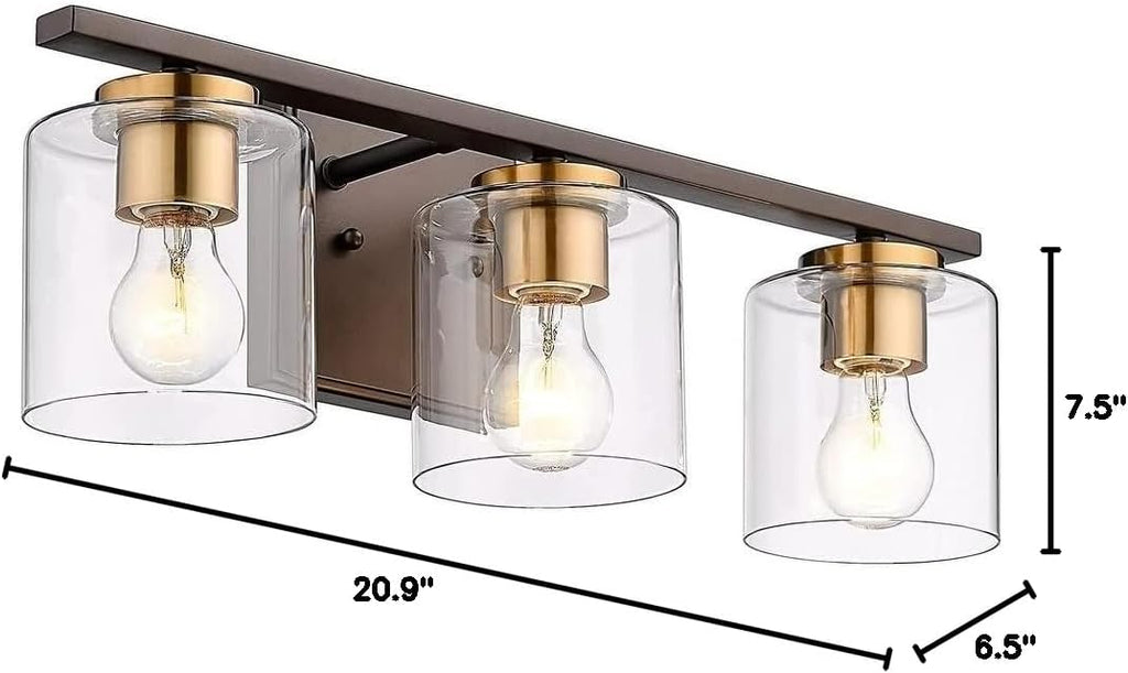 3-Light Bathroom Vanity Light Fixtures Farmhouse with Clear Glass Shade Oil Rubbed Bronze and Gold Finish Modern Contemporary Metal