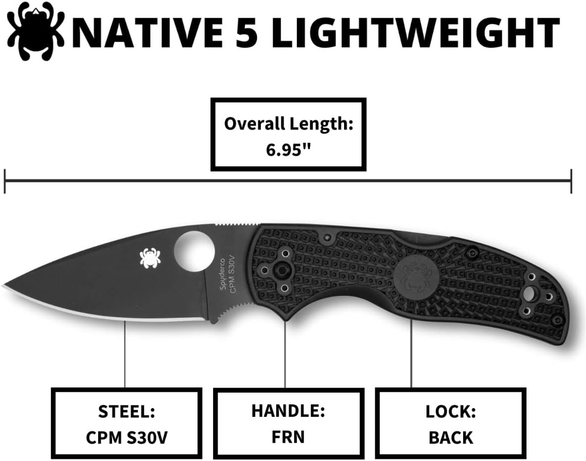 Spyderco Native 5 Signature Knife with 2.95' CPM S30V Black Steel Blade and Black FRN Handle - PlainEdge - C41PBBK5