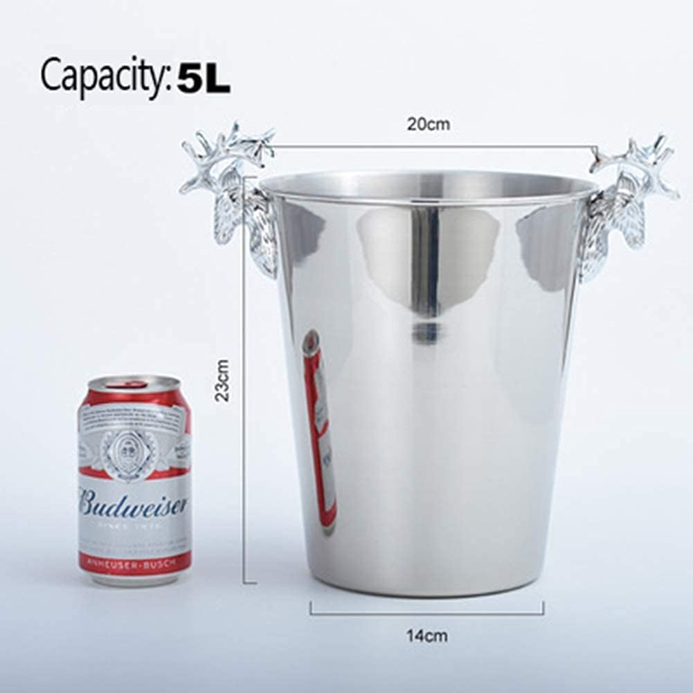 Large Metal ChampagneStainless Steel Plated Ice Bucket Deer Head Shape Handle Retro Ice Bucket Suitable for Beer, Wine and Cocktail Parties (Silver Large)