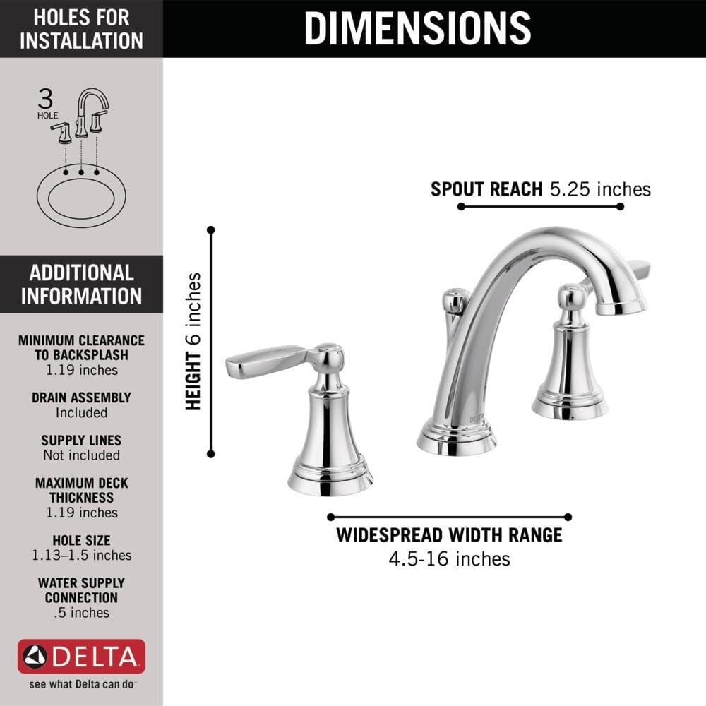 Delta Woodhurst Chrome Bathroom Faucet 3 Hole, 8 Inch Widespread Bathroom Sink Faucet for Vanity, Metal Push-Pop Drain Assembly, Chrome 3532LF