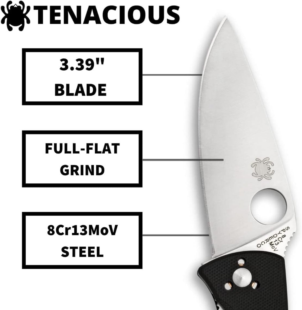 Spyderco Tenacious Folding Pocket Knife with 3.3' 8Cr13MoV Steel Blade and G-10 Handle - EDC Knife for Men and Women, Perfect for Hunting, Tactical, Camping, Survival, Hiking - PlainEdge - C122GP