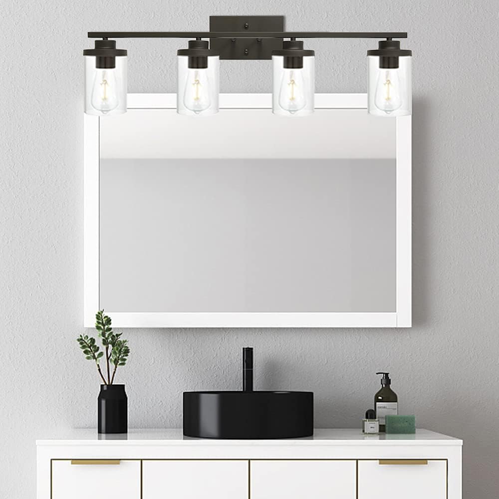 Bathroom Vanity Light Fixtures Oil Rubbed Bronze Finished 4-Light with Clear Glass Shade Contemporary Wall Sconces Bathroom Lighting Wall Mount Lamp for Kitchen Entryway Living Room Hallway