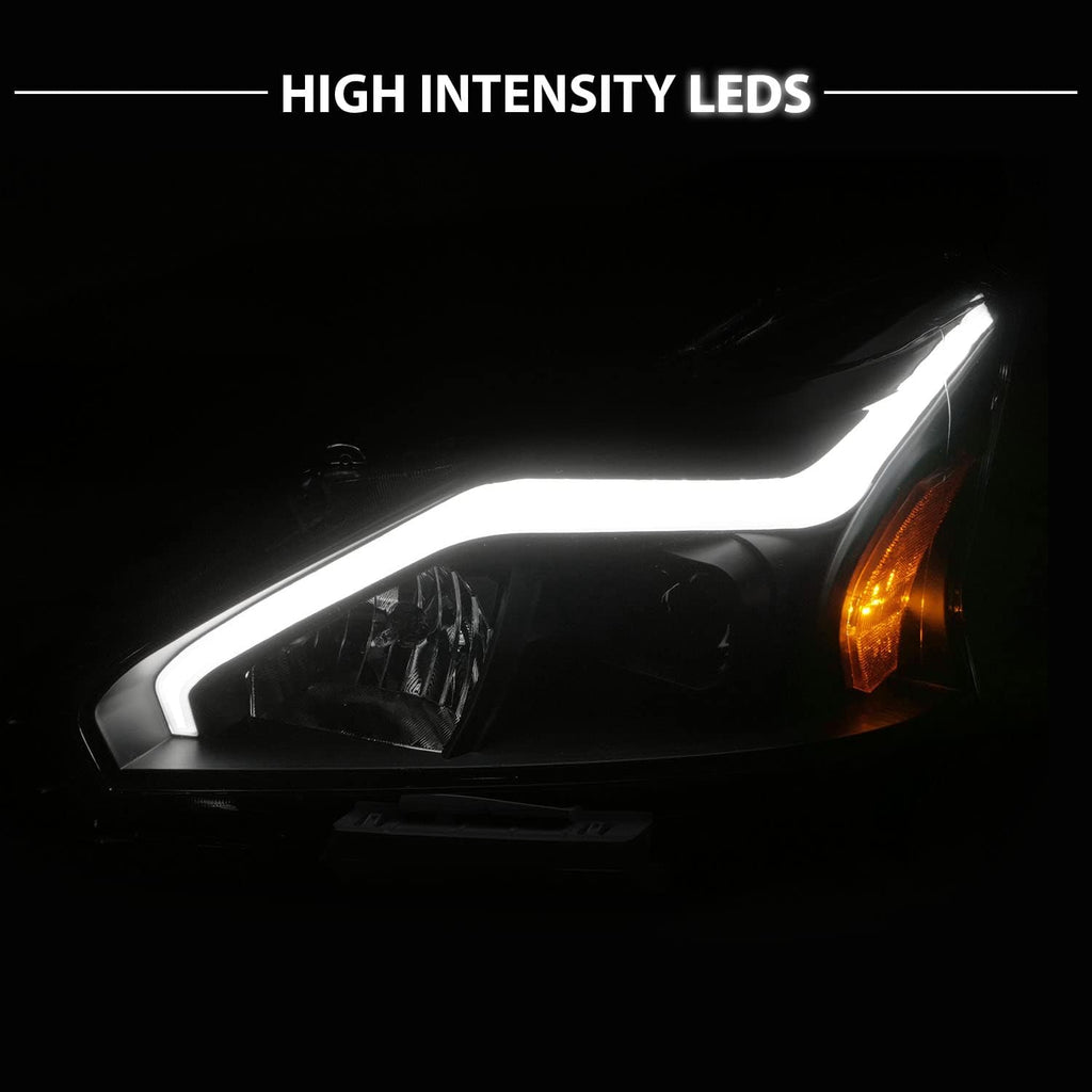AmeriLite for 2013-2015 Nissan Altima 4 Door Sedan LED Tube Black Square Projector Headlights Set - Passenger and Driver Side