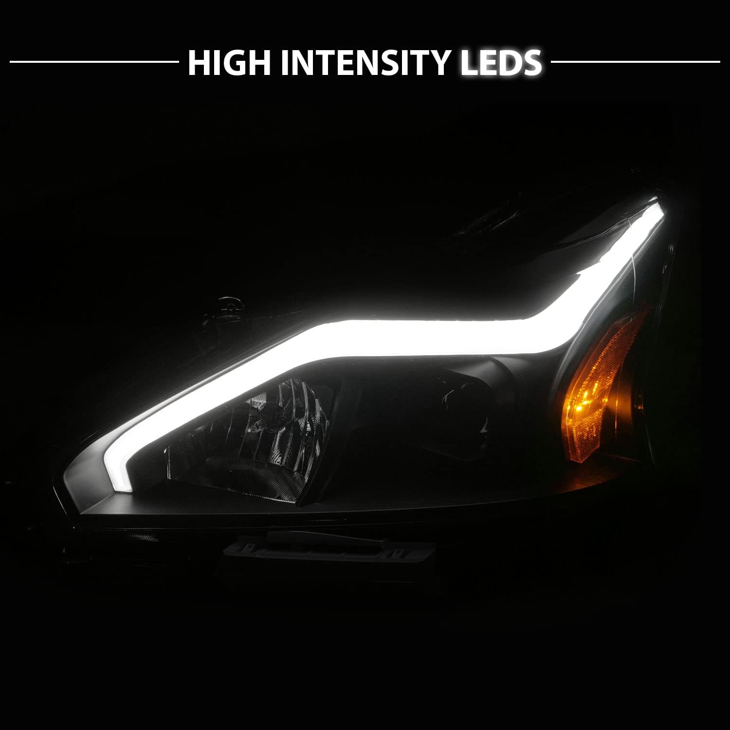AmeriLite for 2013-2015 Nissan Altima 4 Door Sedan LED Tube Black Square Projector Headlights Set - Passenger and Driver Side