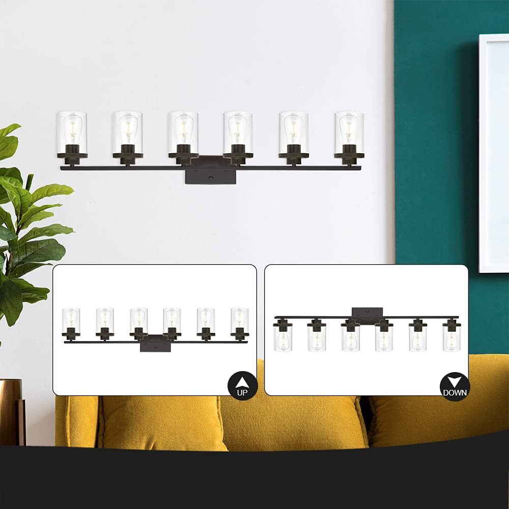 Oil Rubbed Bronze Bathroom Vanity Lights 6 Light, Bronze Vanity Lighting Fixtures with Glass Shade,Industrial Bathroom Light Fixtures Wall Sconces Lights for Kitchen Living Room Hallway