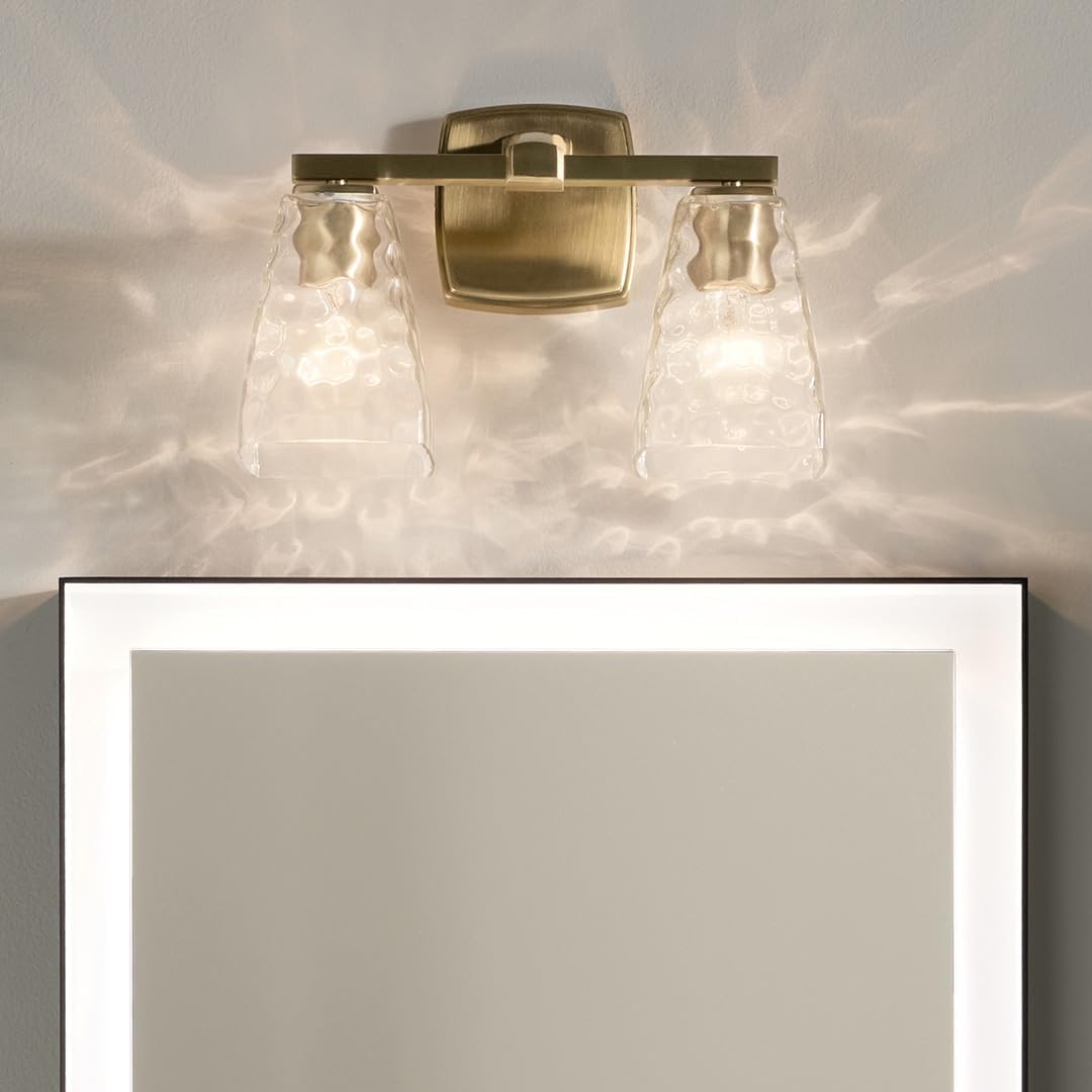 Kichler Marant 14.25' 2-Light Bathroom Vanity Light Fixture with Clear Water Glass in Champagne Bronze for Powder Room Over Mirror (14.25' W x 9.5' H), 55215CPZWTR