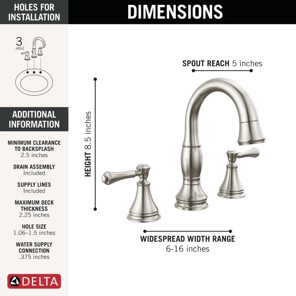 Delta Faucet Cassidy Pull Down Bathroom Faucet, Bathroom Pull Out Faucet, Brushed Nickel Widespread Bathroom Faucet 3 Hole, Bathroom Sink Faucet with Magnetic Docking, Stainless 3597-SSPD-DST