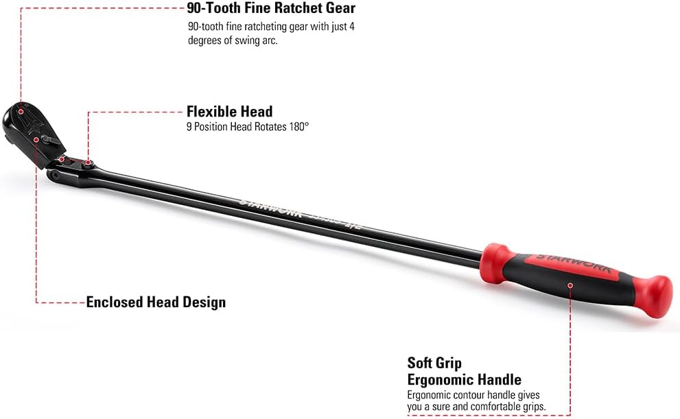 STARWORK TRUE MECHANIC™ 1/2' Drive 90 Tooth Dust-Proof Black Chrome Locking Flex Ratchet, 27-3/8' Length
