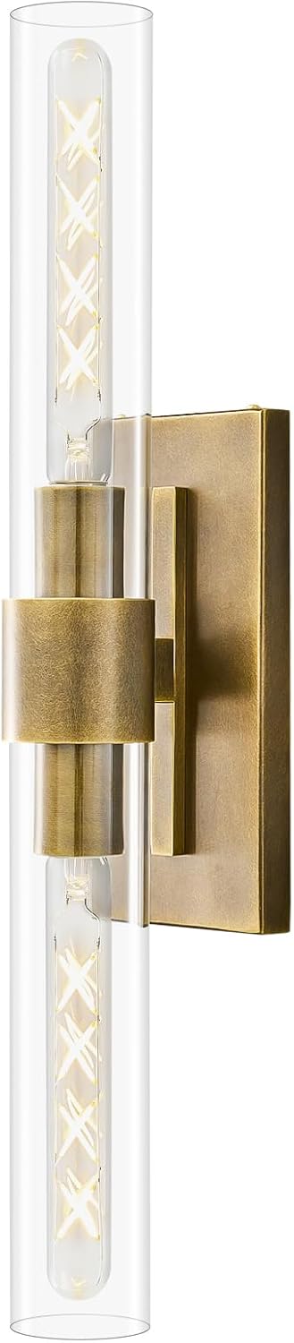 23' Brass Wall Sconce with Clear Glass Shade - Rust-Resistant Vintage Light, E26 Indoor Sconce, Decorative Lighting for Bathroom Living Room Stairway Fireplace Bedroom (Bronze)