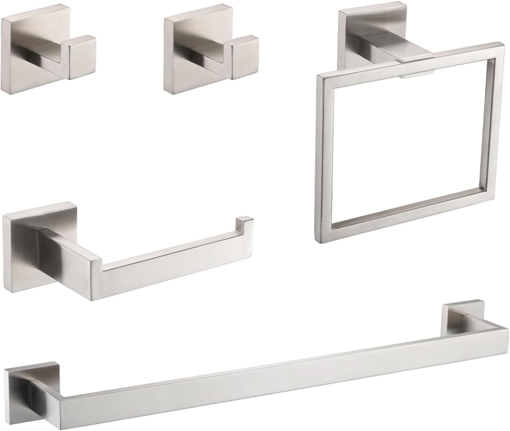 5-Piece Sus304 Bathroom Set: Towel + Ring + Hooks + Tp Holder, Brushed Nickel Stainless Steel Material & Lasting Durability Bathroom Modern