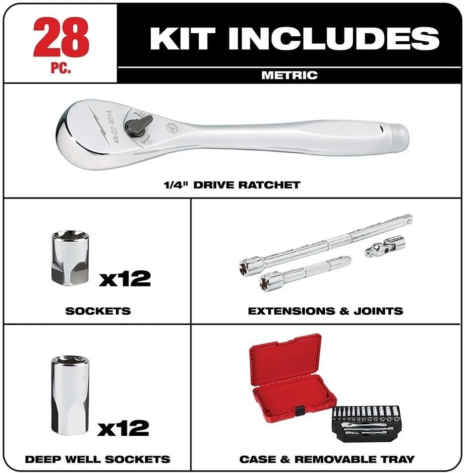 28 PC 48-22-9504 for Milwaukee 1/4' Drive Ratchet & Socket Set w/Portable Carrying Case - Metric