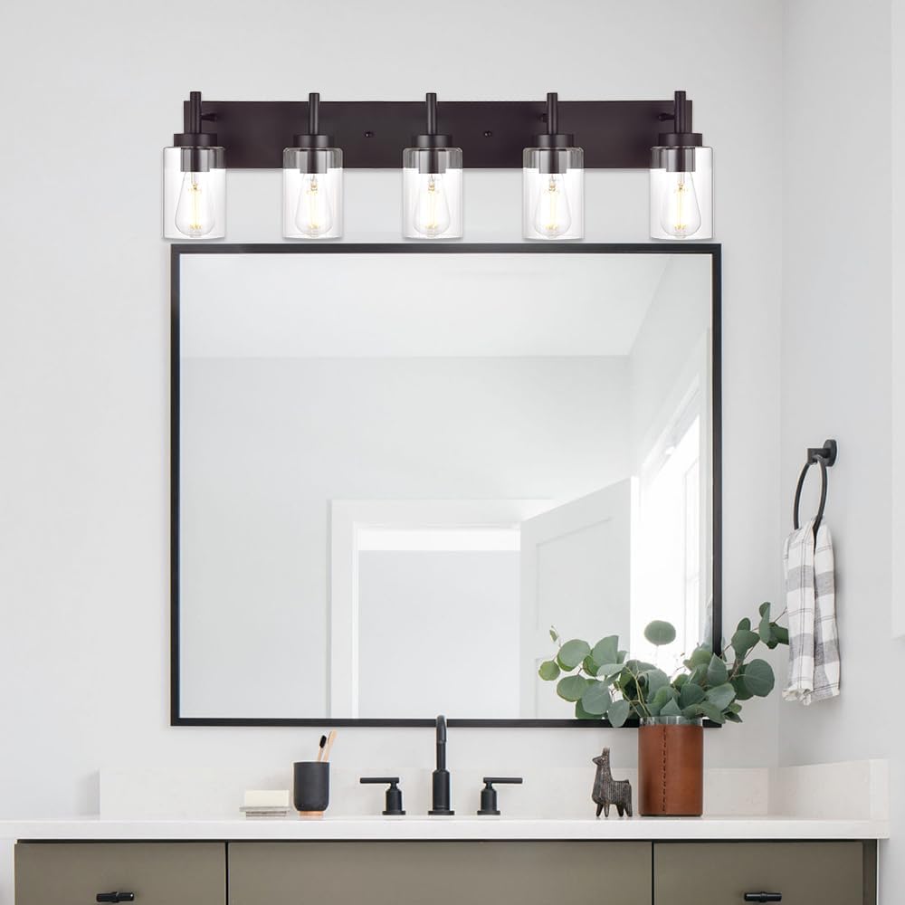 5 Lights Bathroom Vanity Light Fixture Oil Rubbed Bronze Sconces Wall Lighting Modern Industrial Indoor Wall Mounted Lamp Farmhouse for Kitchen Hallway (Patent No.: US D958,438 S)
