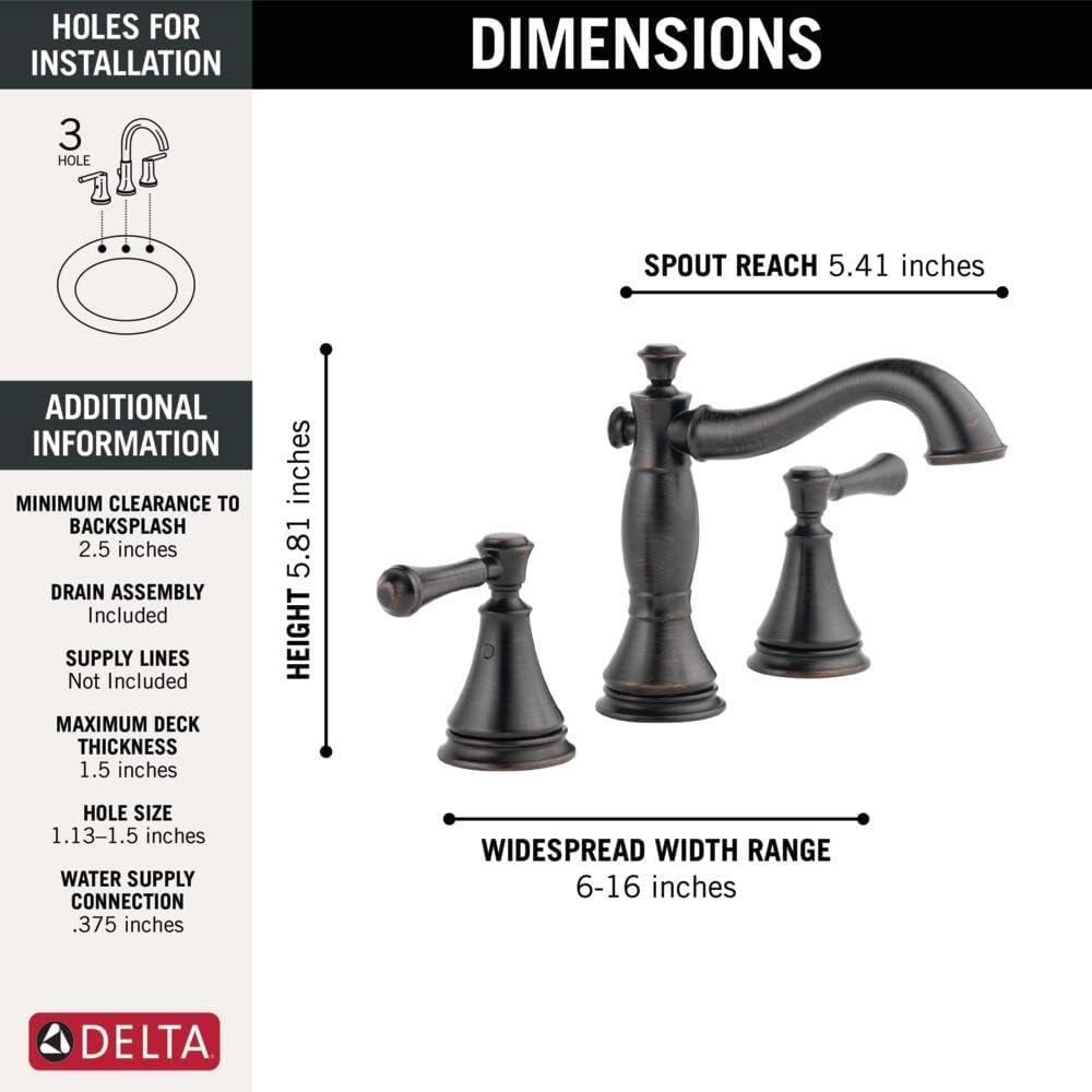 Delta Cassidy Oil Rubbed Bronze Bathroom Faucet 3 Hole, 8 Inch Widespread Bathroom Sink Faucet for Vanity, Metal Push-Pop Drain Assembly, Venetian Bronze 3597LF-RBMPU