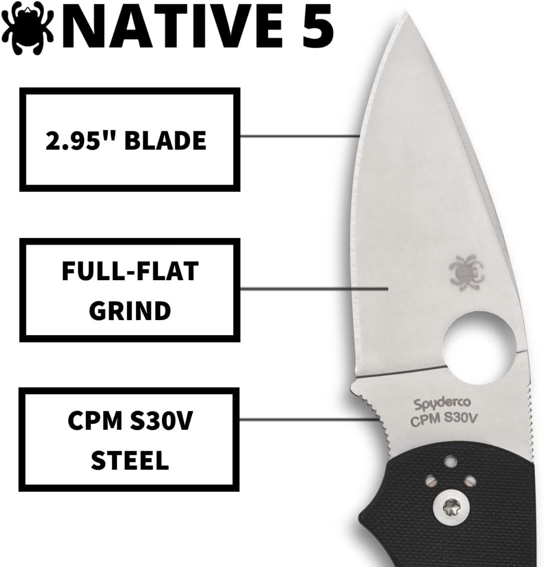 Spyderco Native 5 Signature Knife with 2.95' CPM S30V Steel Blade and Black G-10 Handle - PlainEdge - C41GP5