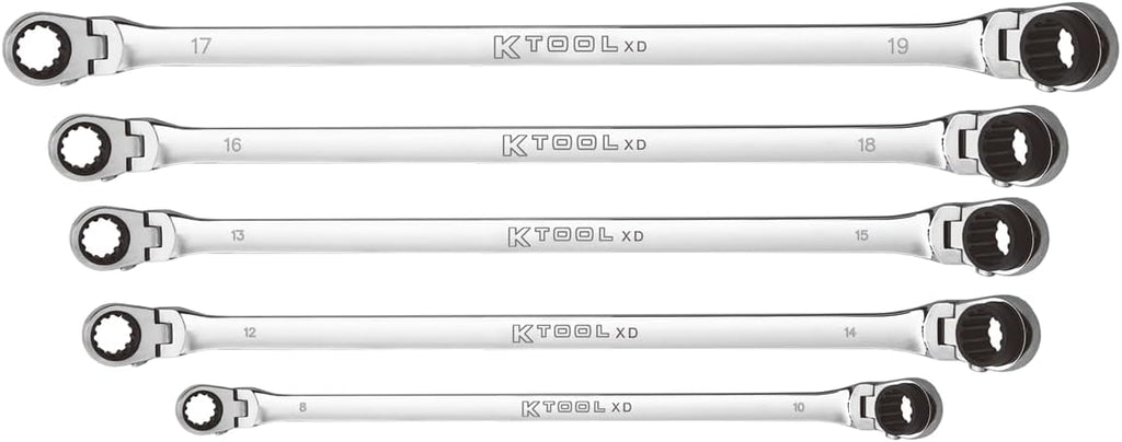 K Tool International XDDBM5120S Ratcheting Wrench Set, 120 Tooth Extra Long Flexible Design, Rotating Heads, Spline Plus Gear, Metric Sizes, Tight Access Work