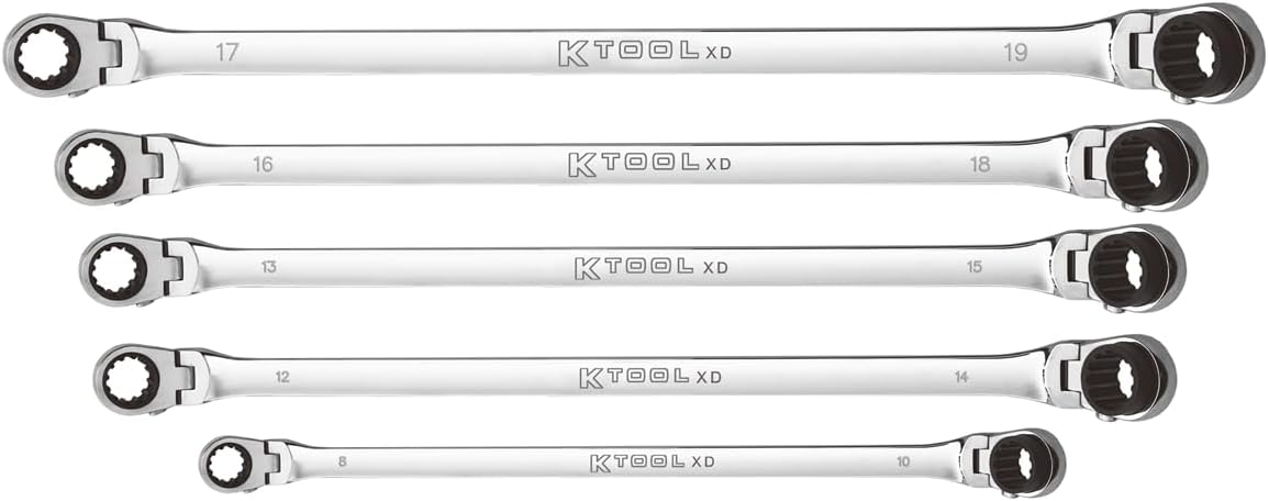 K Tool International XDDBM5120S Ratcheting Wrench Set, 120 Tooth Extra Long Flexible Design, Rotating Heads, Spline Plus Gear, Metric Sizes, Tight Access Work