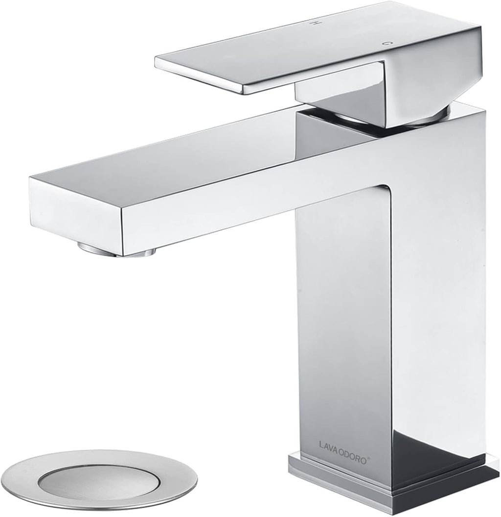 Chrome Bathroom Faucet, Lava Odoro Single Hole Bathroom Faucet, Single Handle Bathroom Sink Faucet Vanity Faucet with Pop up Drain Assembly, Deck Plate Included, BF307-C
