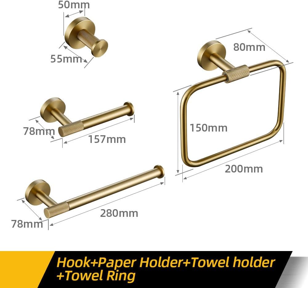 Bathroom Hardware Accessories Set Brushed Gold Knurled Brass Kit Towel Bar Ring Robe Hook Paper Holder Towel Ring Toilet Brush,Shelf Ring