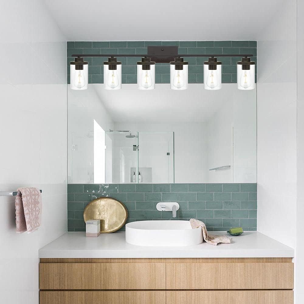 Oil Rubbed Bronze Bathroom Vanity Lights 6 Light, Bronze Vanity Lighting Fixtures with Glass Shade,Industrial Bathroom Light Fixtures Wall Sconces Lights for Kitchen Living Room Hallway