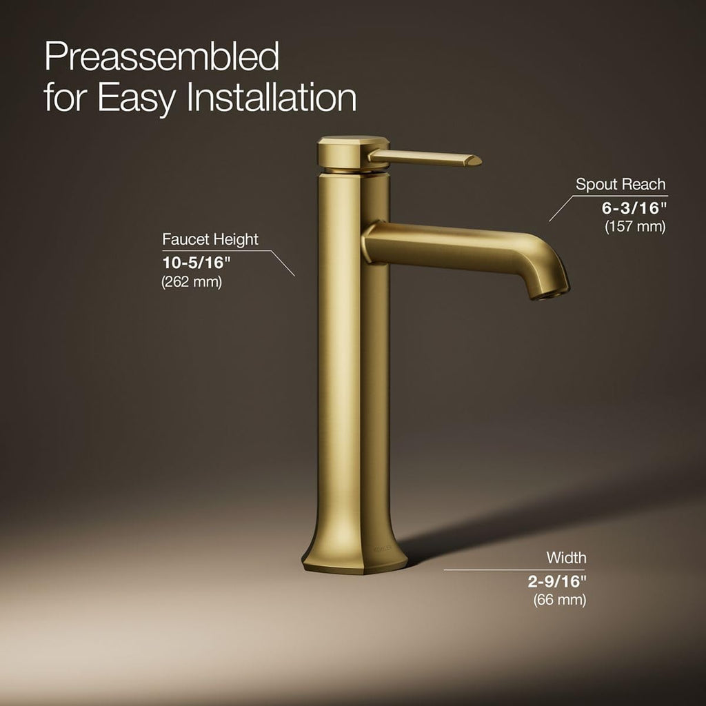 KOHLER 27003-4K-2MB Occasion Tall Single-Handle Bathroom Faucet with Pop-Up Drain Assembly, One Hole Bathroom Sink Faucet, 1.0 gpm, Vibrant Brushed Moderne Brass