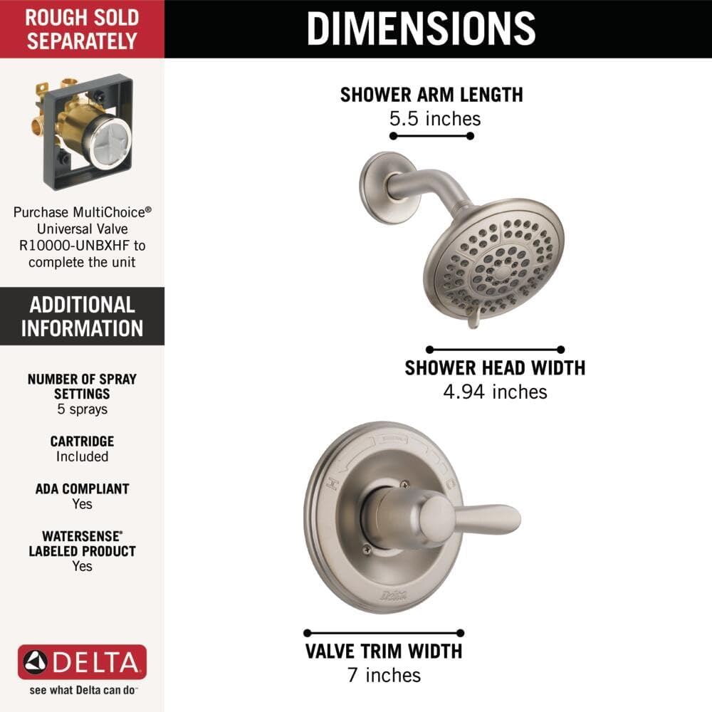 Delta Lahara 14 Series 5-Setting Shower Faucet Set, Brushed Nickel Shower Head and Handle Set, Valve Trim Kit, Stainless T14238-SS (Valve Not Included)
