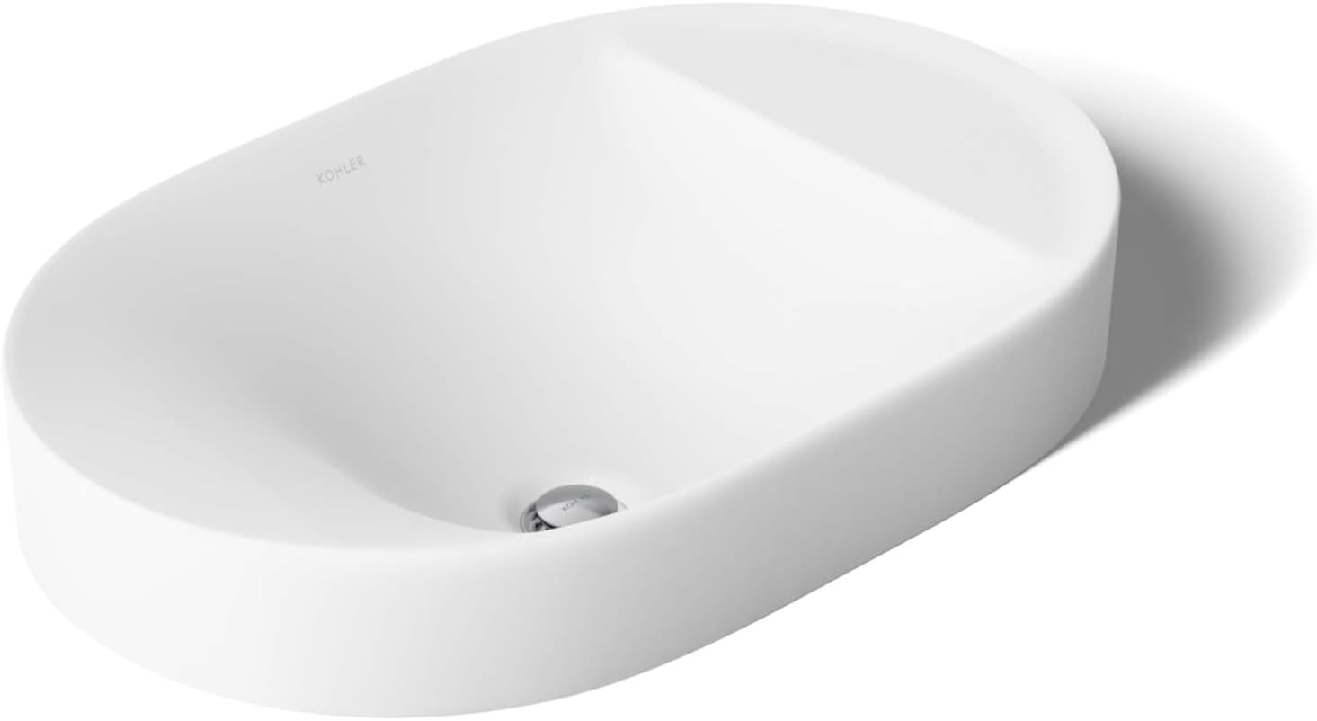 KOHLER 31703-0 Chalice 22-3/4' Oval Vessel Bathroom Sink Bowl with Storage Deck, Above Counter Vanity Sink Basin, with Overflow, No Faucet Holes, White