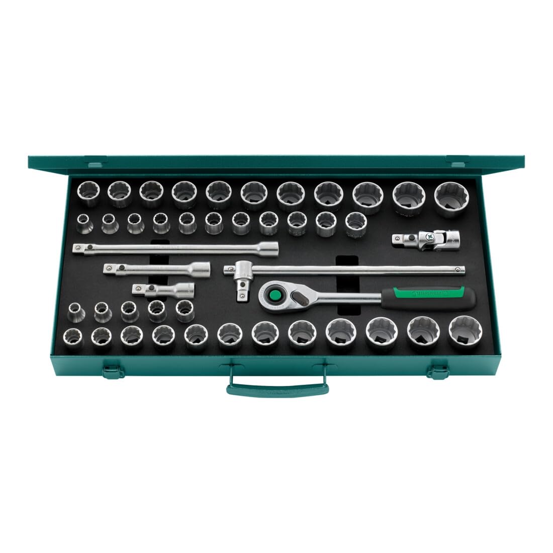 Stahlwille 96030107 1/2' Socket Set 45 Piece Set with Quick Release Ratchet, Extensions, T-Handle, Universal Joint, and Sturdy Sheet Steel Case, Made in Germany