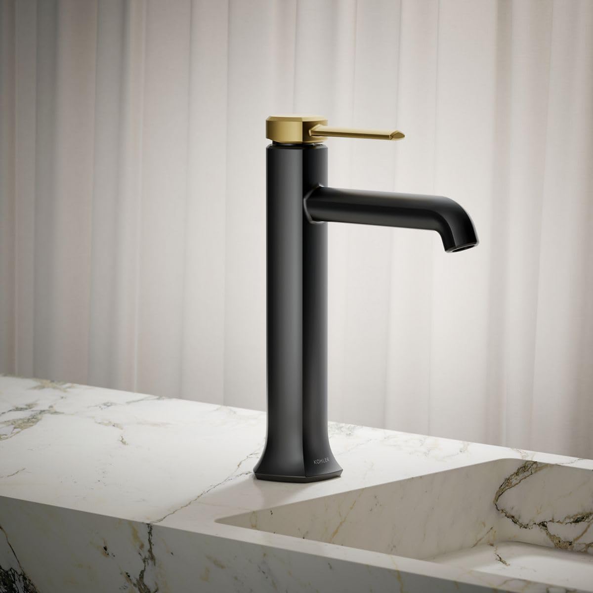 KOHLER 27003-4N-BMB Occasion Tall Single-Handle Bathroom Faucet with Pop-Up Drain Assembly, One Hole Bathroom Sink Faucet, 0.5 gpm, Matte Black with Moderne Brass