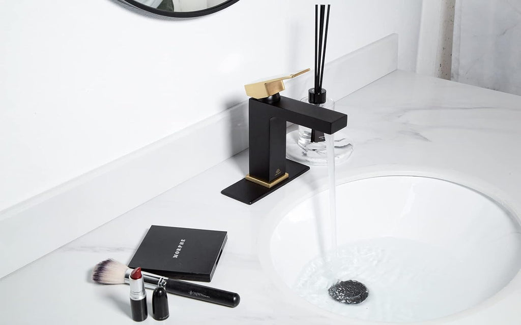 Lava Odoro Black and Gold Bathroom Faucet, Brass Single Hole Bathroom Sink Faucet Single Handle with Drain Assembly, Deck Plate Included, BF307-GB