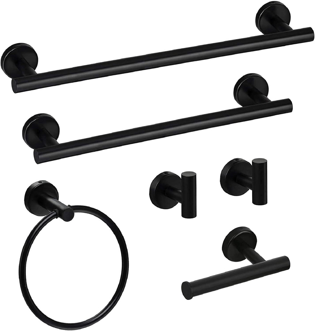 6-Pieces Bathroom Hardware Set SUS304 Stainless Steel Round Wall Mounted Includes Hand Towel Bar,Toilet Paper Holder,Robe Towel Hooks,Bathroom Accessories Kit On-Site (Matte Black)