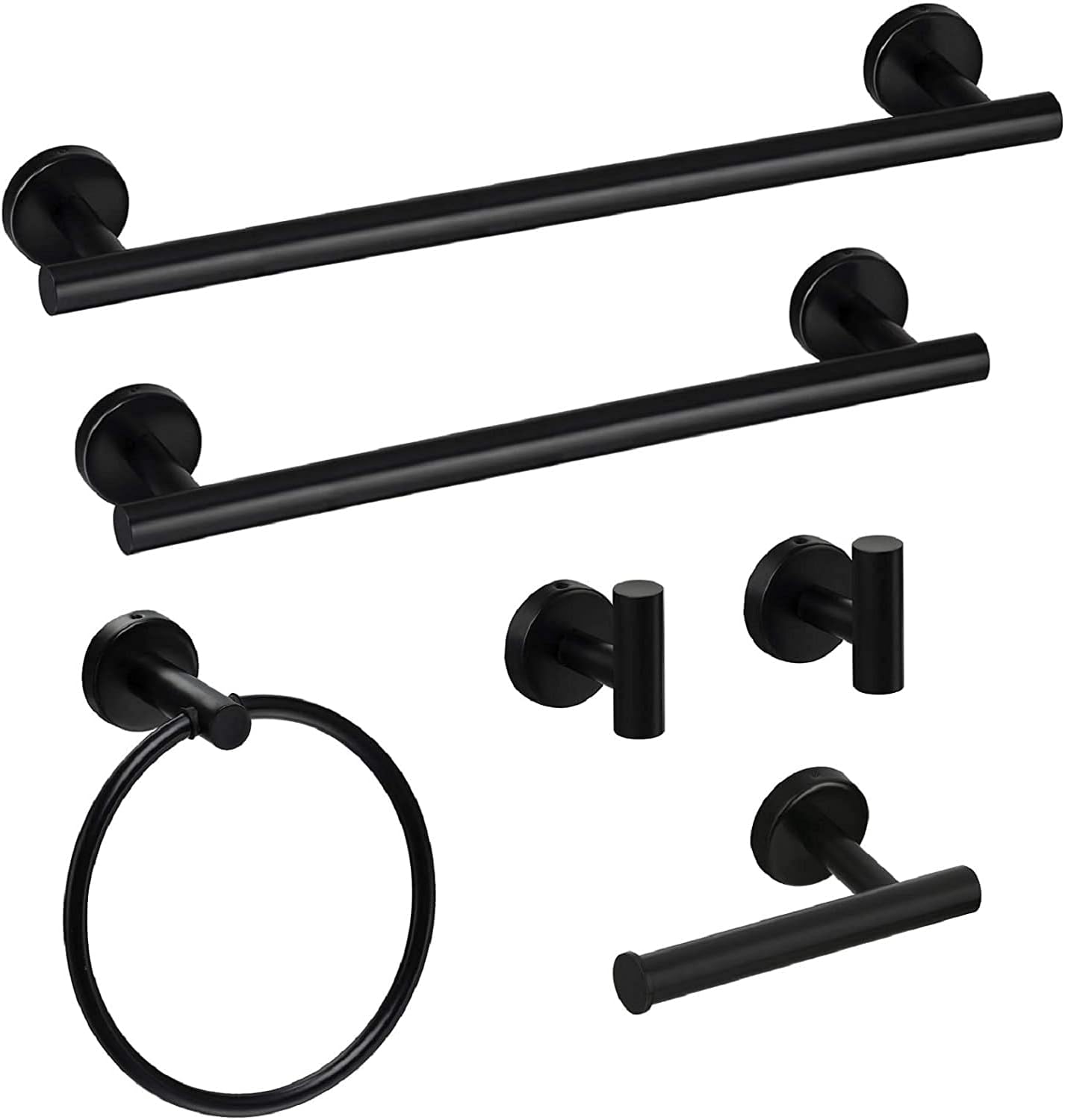 6-Pieces Bathroom Hardware Set SUS304 Stainless Steel Round Wall Mounted Includes Hand Towel Bar,Toilet Paper Holder,Robe Towel Hooks,Bathroom Accessories Kit On-Site (Matte Black)